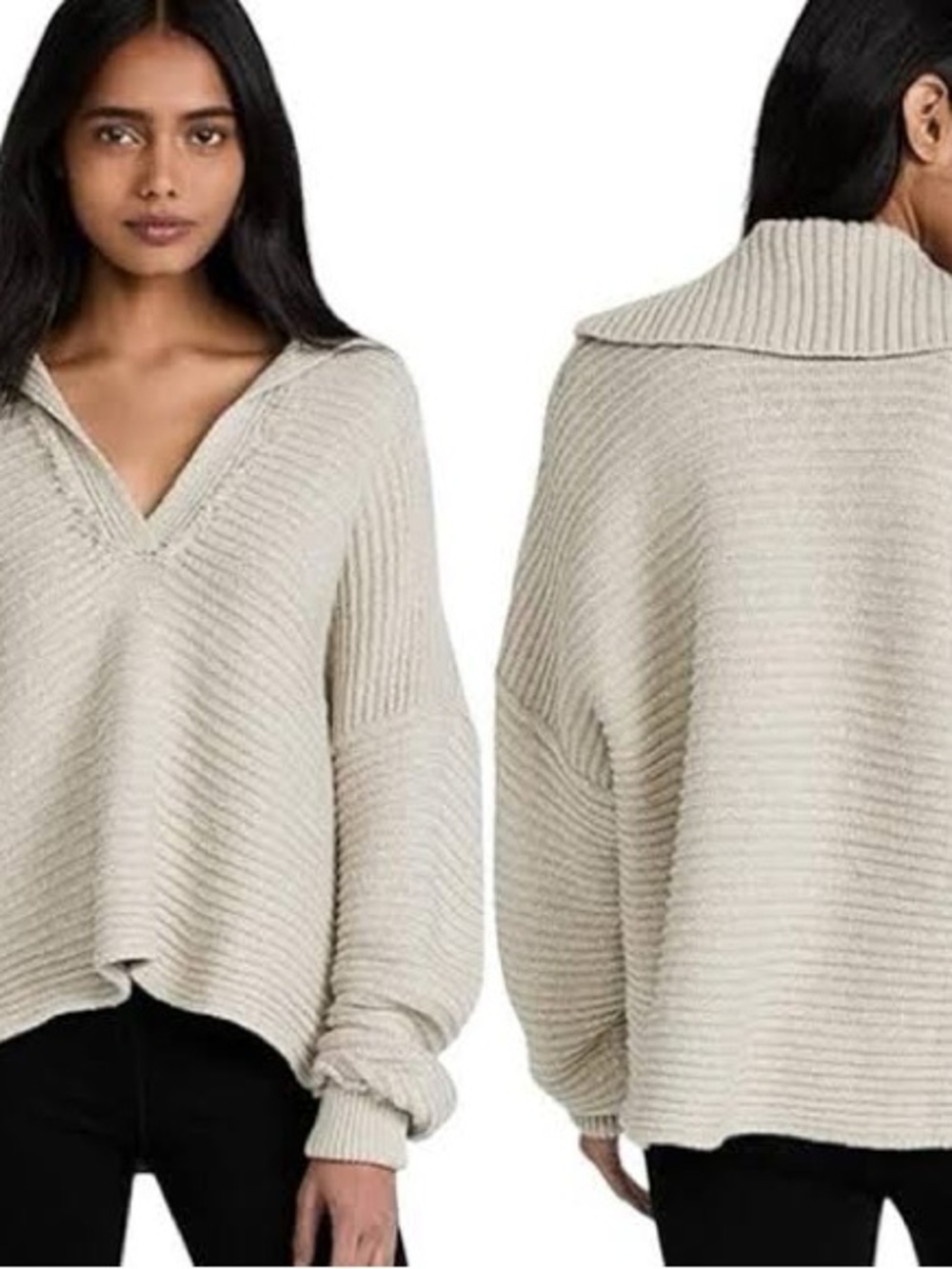 Free People Marlie Pullover Oversized V-Neck Ribbed Sweater Size M
